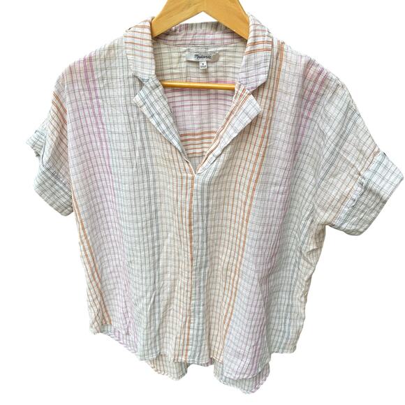 Madewell Lakeline Top Plaid Popover V Neck Shirt Cotton Pastel White Size Medium - Picture 4 of 10